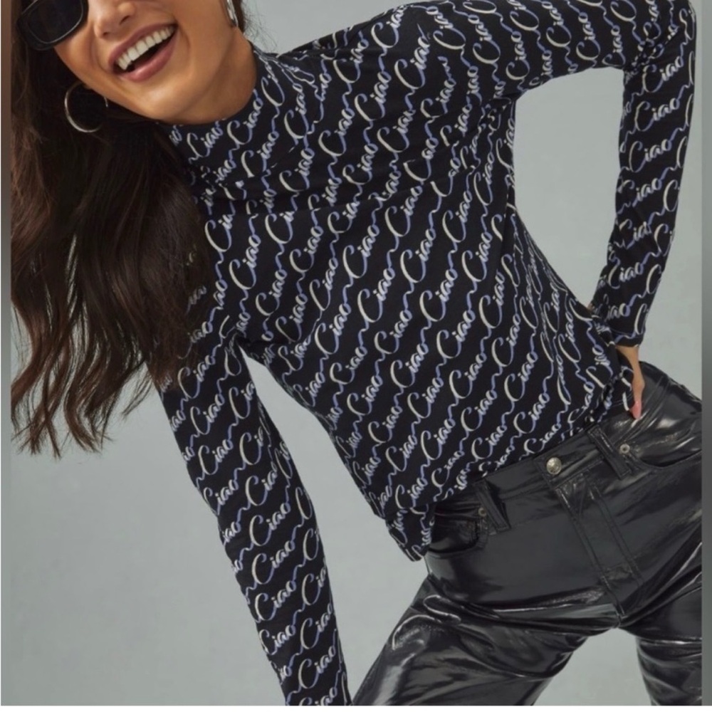 Anthropologie Maeve Black Top with White and Lavender Script